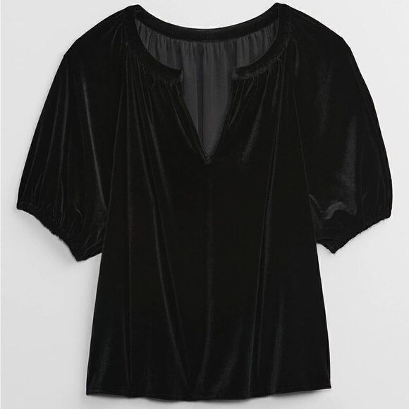 Gap Velvet short puff sleeve v neck blouse in black size small - Picture 13 of 16